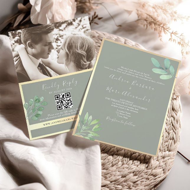 Convite de Casamento com Código QR em Verde Sage (Criador carregado)