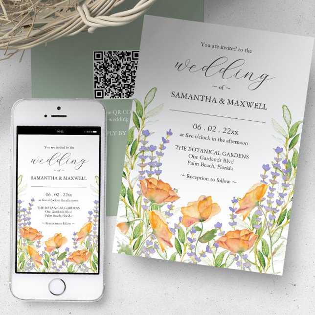 Convite de casamento com código QR exclusivo Flora (Orange floral fairytale wedding invitations with QR code. Unique watercolor art Victoria Grigaliunas)