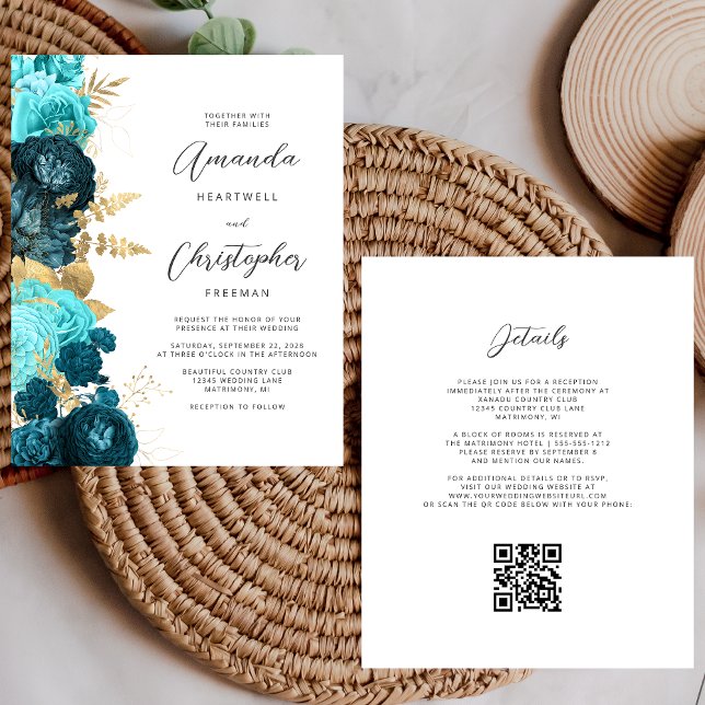 Convite de Casamento com Código QR Floral Azul Tur (Criador carregado)