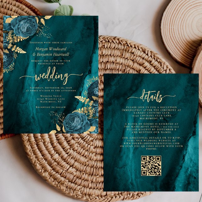 Convite de Casamento com Código QR Floral Azul Tur (Criador carregado)