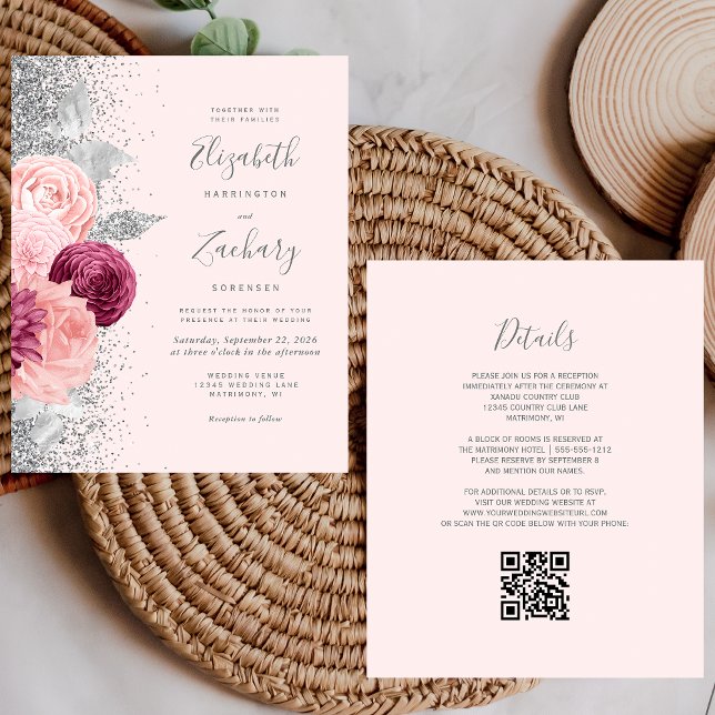 Convite de Casamento com Código QR Floral Cor-de-R (Criador carregado)