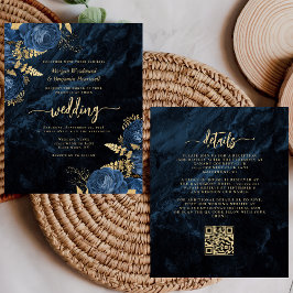 Convite de Casamento com Código QR Floral Dourado 