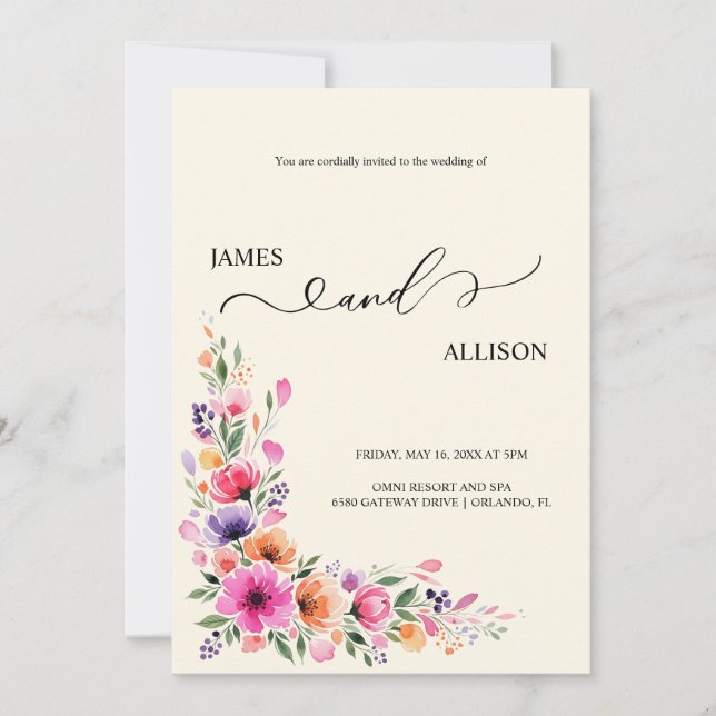 Convite de Casamento com Código QR Floral Fúcsia V (Frente)