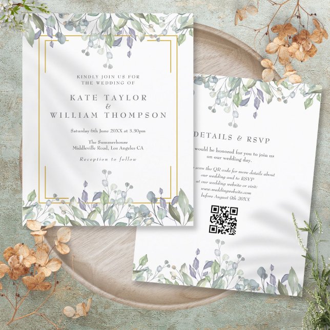 Convite de casamento com código QR floral lilás ec (Budget Lilac Floral QR Code Wedding Invitation)