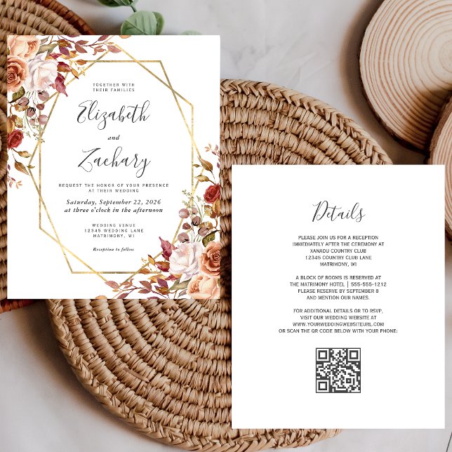 Convite de Casamento com Código QR Floral Outono L (Criador carregado)