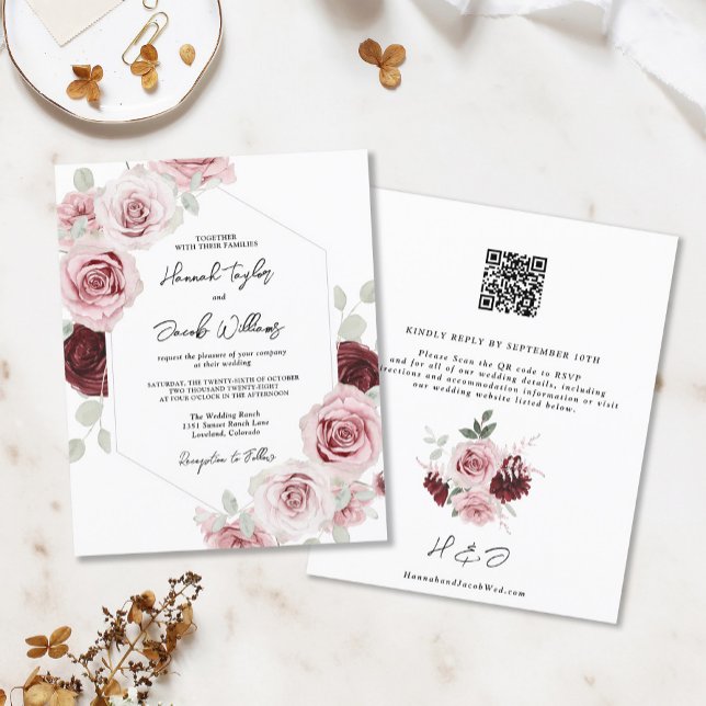 Convite de Casamento com Código QR Floral Rosa Bor (Criador carregado)