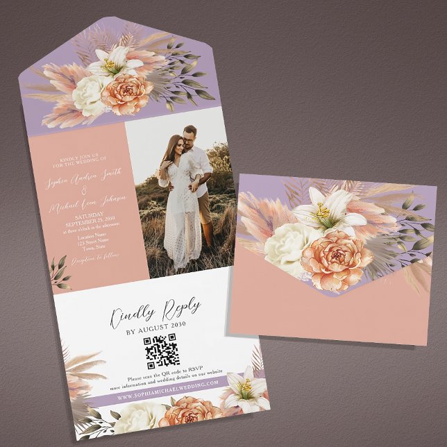 Convite de Casamento com Código QR Floral Rosa e R (Criador carregado)