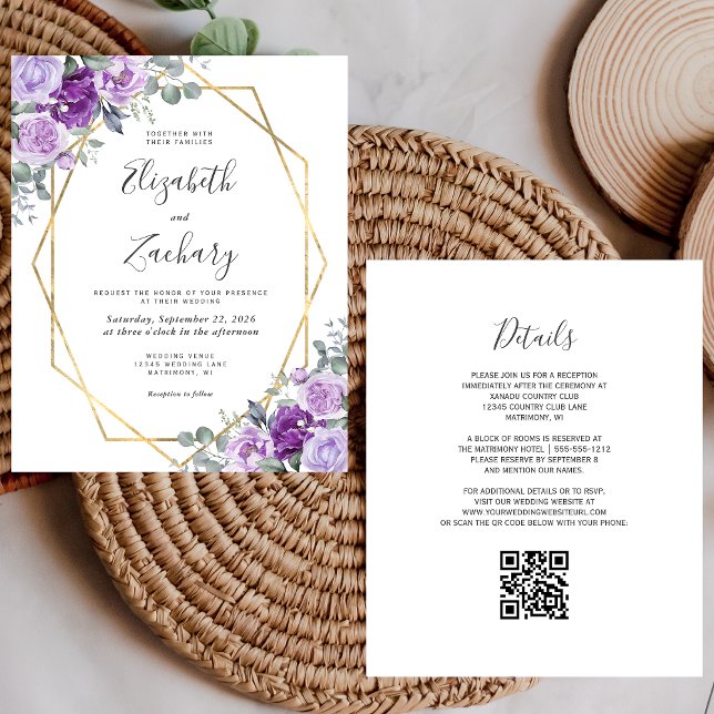 Convite de Casamento com Código QR Floral Roxo Orç (Criador carregado)