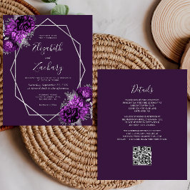 Convite de Casamento com Código QR Floral Roxo Pra