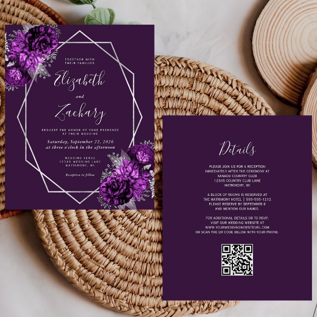 Convite de Casamento com Código QR Floral Roxo Pra (Criador carregado)