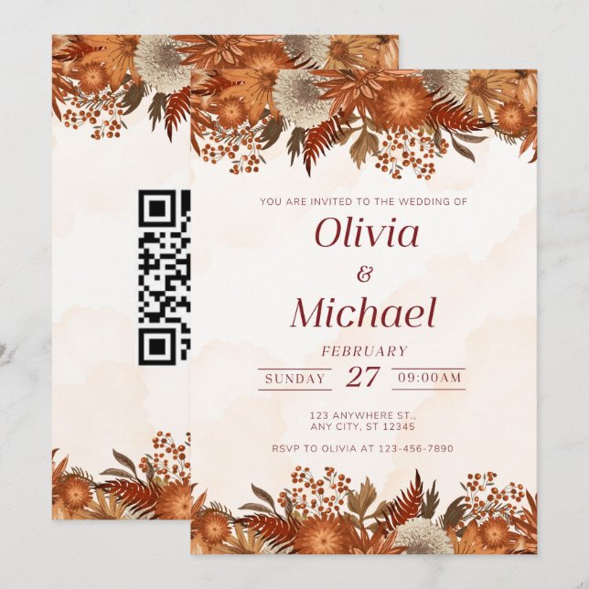 Convite de Casamento com Código QR Floral Terracot (Frente/Verso)