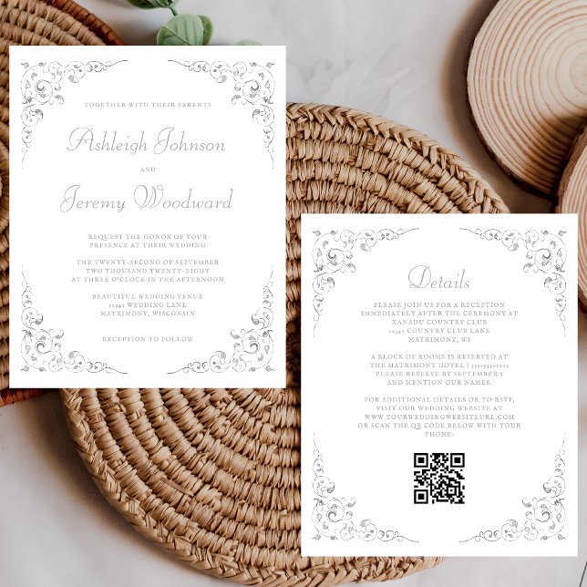 Convite de Casamento com Código QR Folhagem Prata  (Criador carregado)