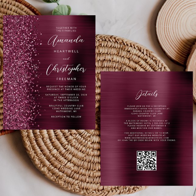 Convite de Casamento com Código QR Glam Burgundy E (Criador carregado)