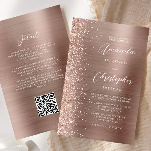 Convite de Casamento com Código QR Glam Rosa Doura
