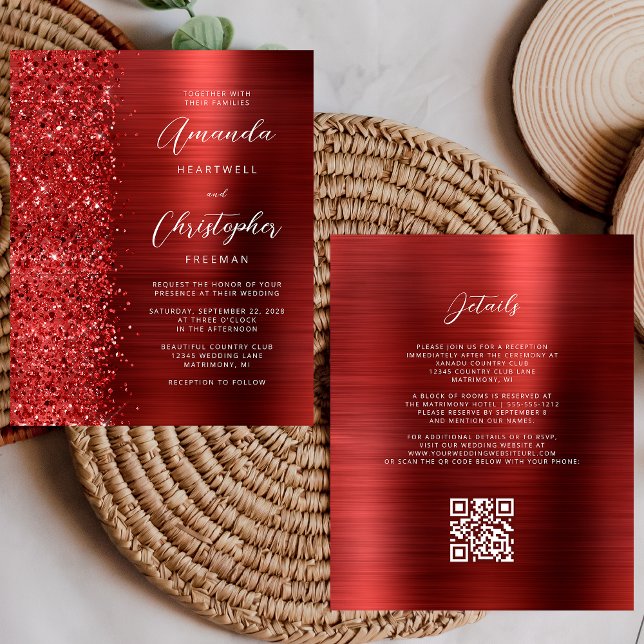 Convite de Casamento com Código QR Glam Vermelho O (Criador carregado)