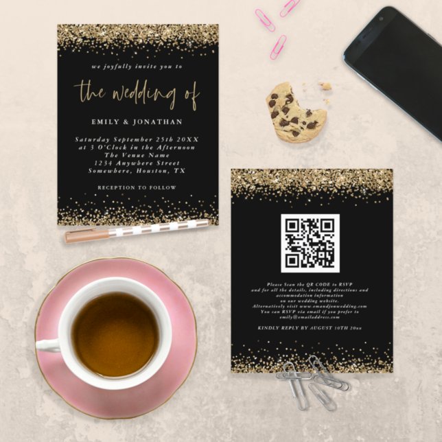 Convite de Casamento com Código QR Glitter Ouro Pr (Criador carregado)