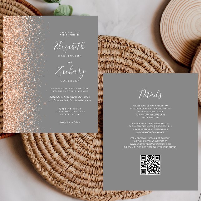 Convite de Casamento com Código QR Glitter Pêssego (Criador carregado)