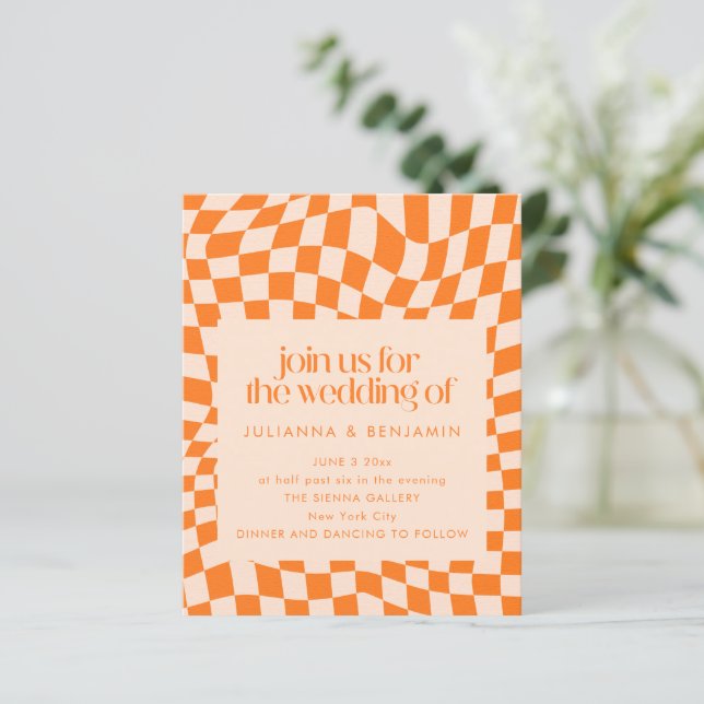 Convite de Casamento com Código QR Laranja Xadrez  (Em pé/Frente)