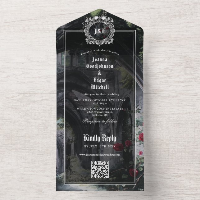Convite de Casamento com Código QR Monograma de Ru (Interno)