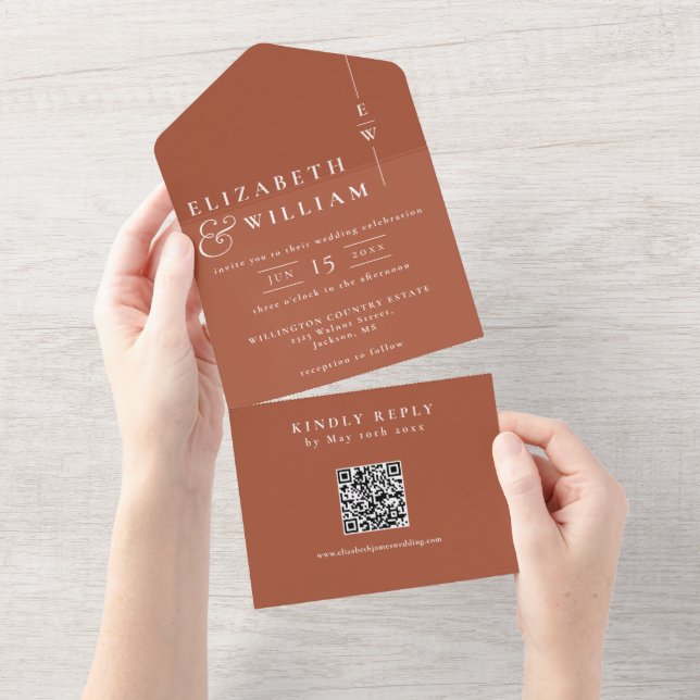 Convite de Casamento com Código QR Monograma Minim (Aba destacável)