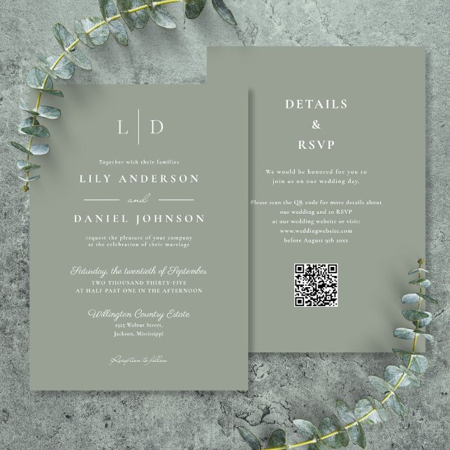 Convite de Casamento com Código QR Monograma Minim (Sage Green Minimalist Monogram QR Code Wedding Invitation)