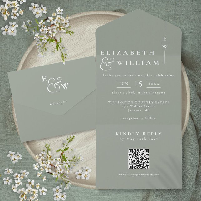 Convite de Casamento com Código QR Monograma Minim (Sage Green Minimalist Monogram QR Code Wedding All In One Invitation)