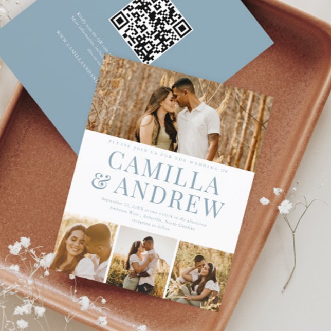 Convite de Casamento com Código QR para 4 Fotos Mo (Budget 4 Photo Collage Dusty Blue Wedding Invitation with QR code RSVP on the back.)