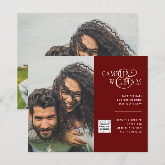 Convite de casamento com código QR para salvar a d (Frente/Verso)
