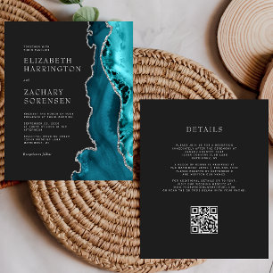 Convite de Casamento com Código QR Prata Ágata Azu