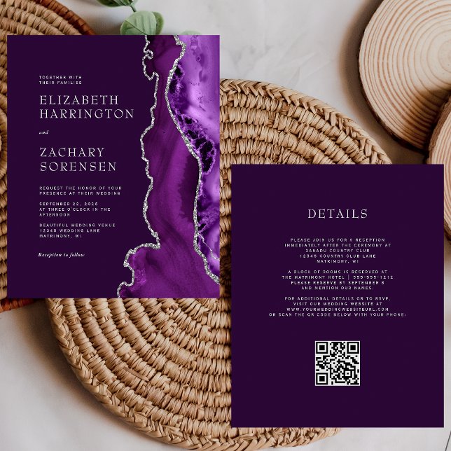 Convite de Casamento com Código QR Prata e Ágata R (Criador carregado)