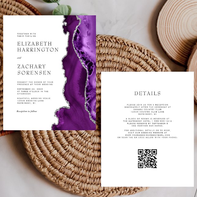Convite de Casamento com Código QR Prata e Ágata R (Criador carregado)