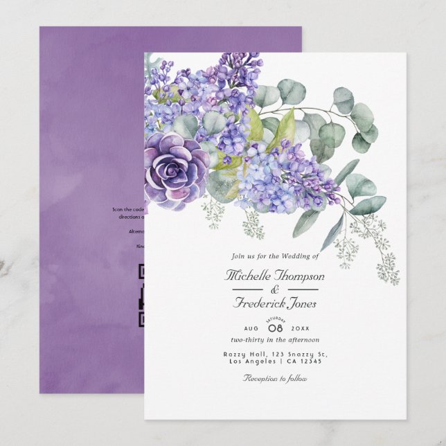 Convite de Casamento com Código QR RSVP de Suculen (Frente/Verso)