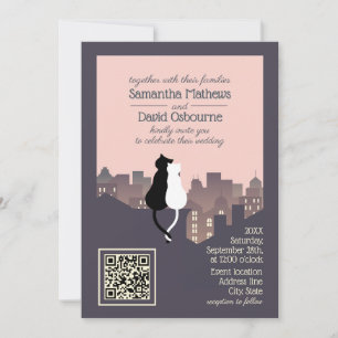 Convite de casamento com código QR tema de gato