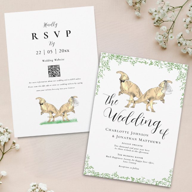 Convite de Casamento com Código QR Tema Dinossauro (Cute Dinosaur theme wedding QR Code invitation parasaurolophus Dinosaur bride and groom greenery)