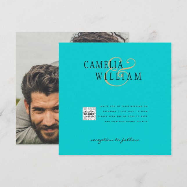 Convite de Casamento com Código QR Turquesa Foto S (Frente/Verso)