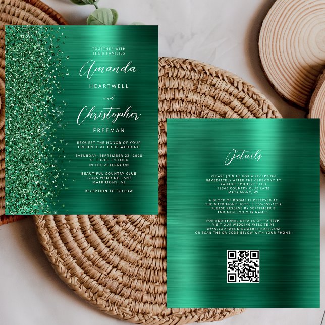 Convite de Casamento com Código QR Verde Glamour E (Criador carregado)