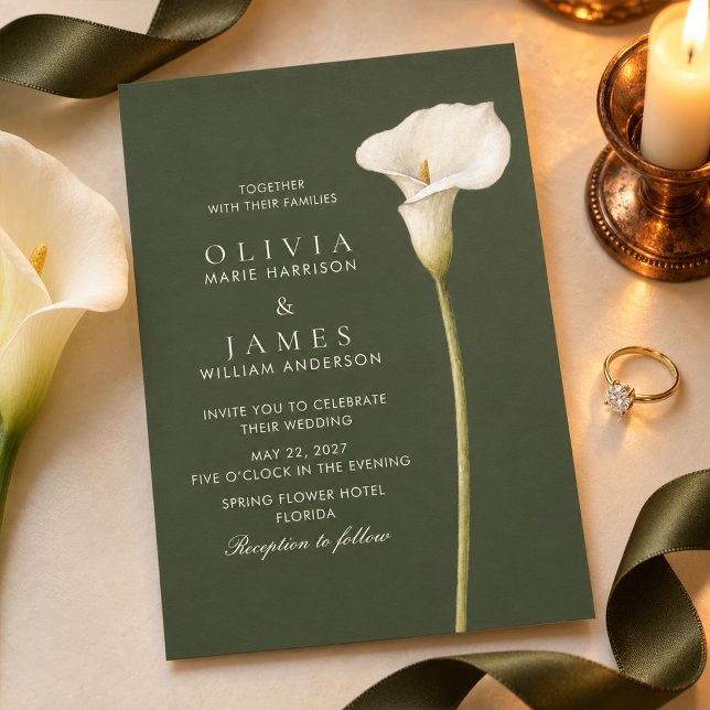 Convite de Casamento com Copo-de-Leite Verde Oliva (Olive Green Calla Lily Wedding Invitation)