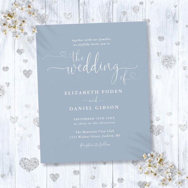 Convite de Casamento com Coração Azul Empoeirado O (Budget Dusty Blue Hearts Script Wedding Invite)