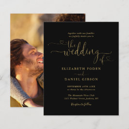 Convite de Casamento com Coração em Ouro Script Or