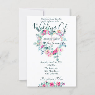 Convite de casamento com coração floral em aquarel