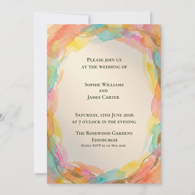 Convite de Casamento com Coroa de Aquarela Arco-ír (Frente)