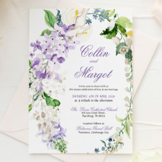 Convite de Casamento com Coroa de Flores Roxas Ele