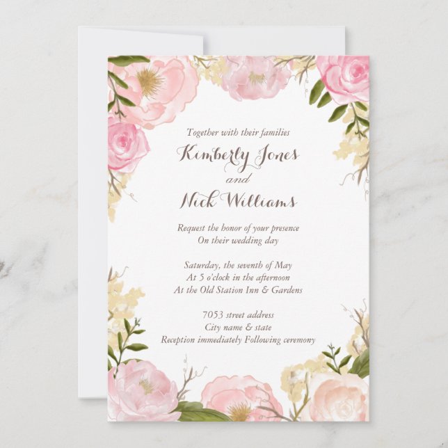 Convite de Casamento com Coroa de Rosas Florais Do (Frente)