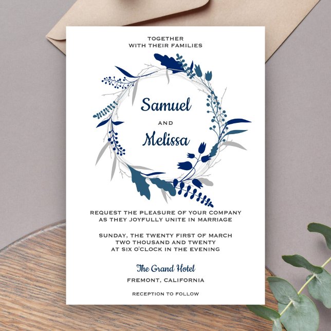 Convite de Casamento com Coroa Floral Azul Elegant (Criador carregado)