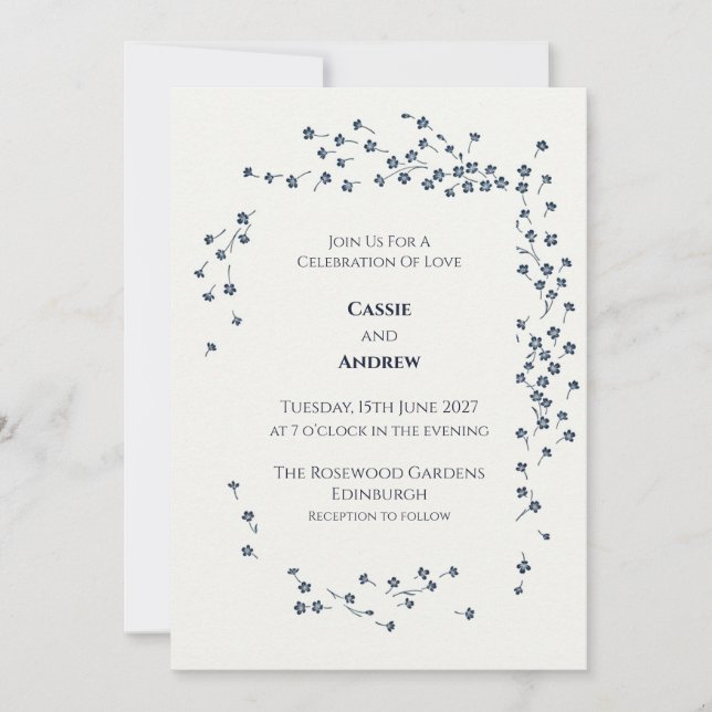 Convite de Casamento com Coroa Floral Azul Marinho (Frente)