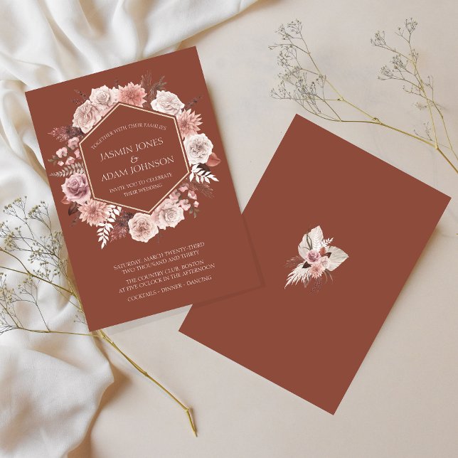 Convite de Casamento com Coroa Floral Boho Terraco (Boho Terracotta Floral Wreath Wedding Invitation)