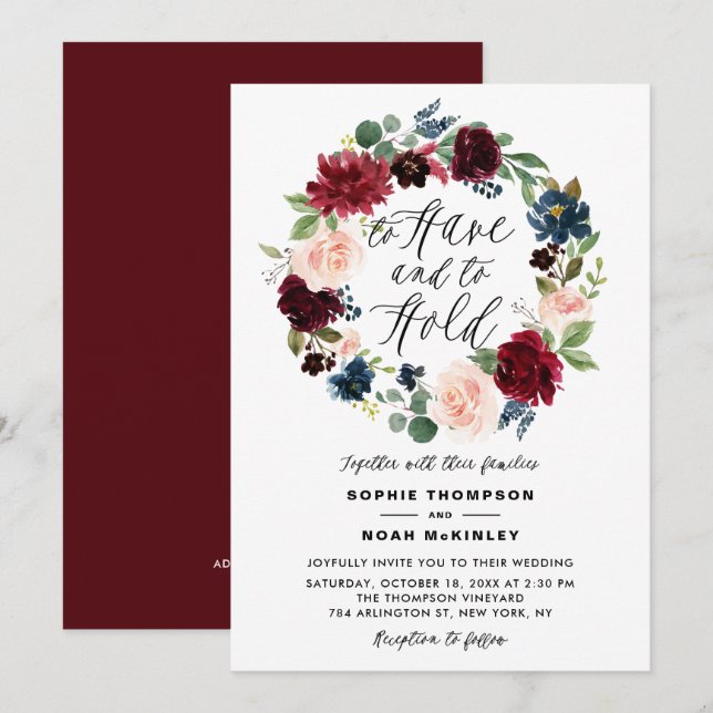 Convite de Casamento com Coroa Floral Burgundy e A (Frente/Verso)