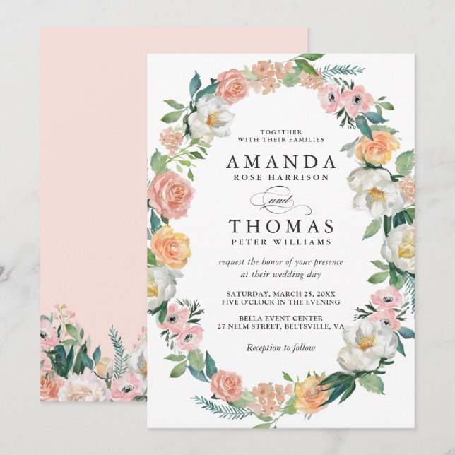 Convite de Casamento com Coroa Floral de Jardim (Frente/Verso)