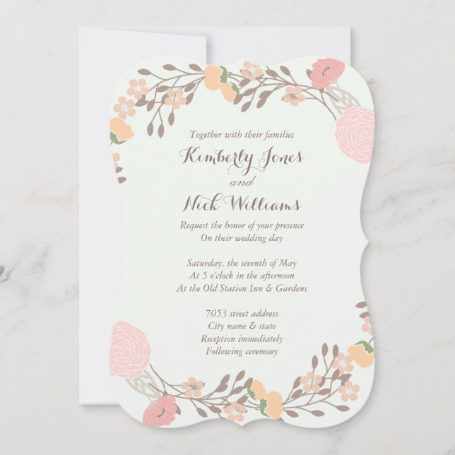 Convite de Casamento com Coroa Floral Doce Menta R (Frente)