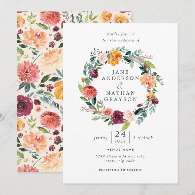 Convite de Casamento com Coroa Floral em Aquarela (Frente/Verso)